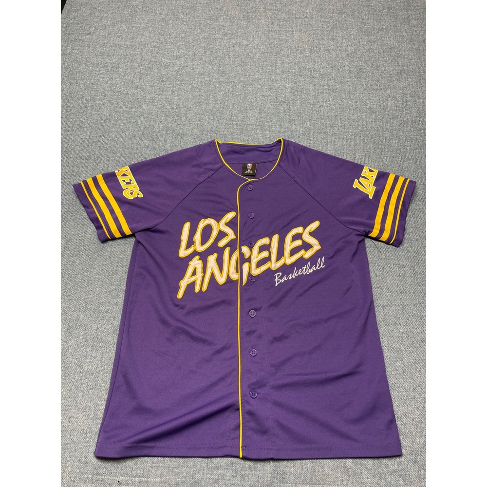 NBA Los Angeles Lakers Baseball Jersey Shirt Mens Medium Purple Button Up Mesh